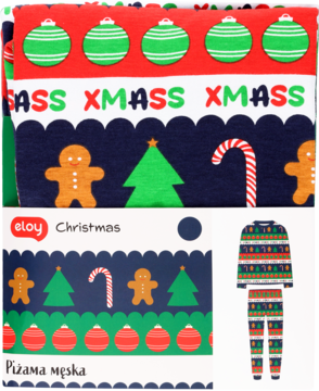 Męska piżama eloy świąteczna z wzorem choinek, pierniczków i napisem XMASS, widok detalu.