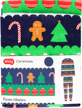 Paczka z piżamą chłopięcą Eloy Christmas, wzór świąteczny: pierniki, choinki, laski cukrowe, granatowe tło.