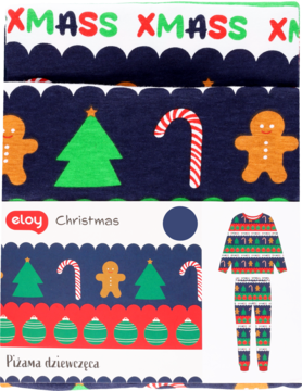 Wzory na piżamę dziewczęcą świąteczną: ciemnoniebieska z choinkami, cukrowymi laskami, piernikami i napisem XMASS.