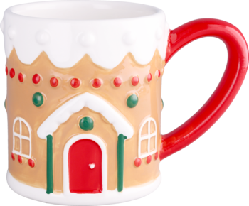 Ceramiczny kubek w kształcie domku z piernika: biały lukrowany dach, czerwony uchwyt, zielone detale, widok z boku.