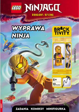 Okładka książki LEGO Ninjago Dragons Rising: WYPRAWA NINJA. Złoty Arin, dołączona minifigurka, zadania i komiksy.