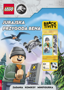 Okładka LEGO Jurassic World "Jurajska Przygoda Bena": minifigurka Ben z kontrolerem i latający dron w dżungli.