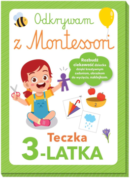 Okładka teczki Montessori dla 3-latka. Dziewczynka z nożyczkami, napisy, rysunki zachęcające do nauki i zabawy.