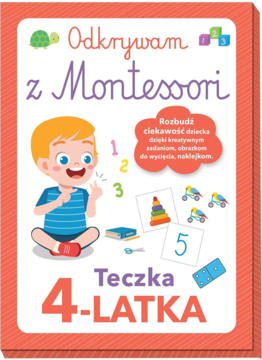 Edukacyjna Teczka 4-latka Montessori: kolorowa okładka z radosnym dzieckiem, cyframi, zadaniami do wycięcia.