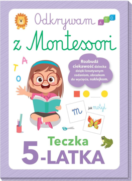 Fioletowa teczka Odkrywam z Montessori 5-latka, z dziewczynką, motylem, ćwiczenia z naklejkami.