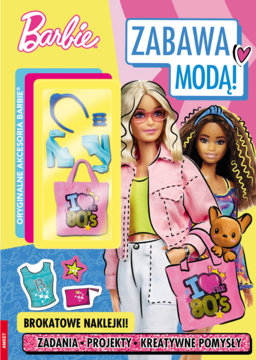 Okładka magazynu Barbie "Zabawa Modą" z dwiema lalkami, akcesoriami 80's i brokatowymi naklejkami.