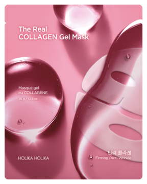 Holika Holika The Real Collagen Gel Mask ujędrniająca, różowe opakowanie z błyszczącymi żelowymi teksturami, widok z przodu.