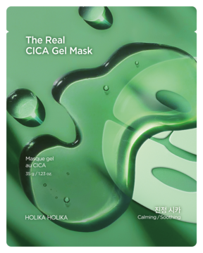 Zielona maska Holika Holika The Real CICA Gel Mask, opakowanie z błyszczącymi kroplami żelu, widok z przodu.