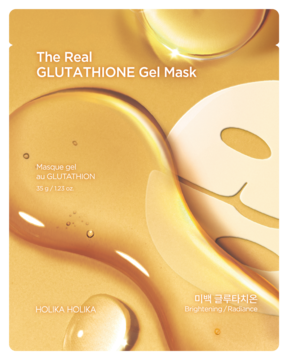 Holika Holika The Real Glutathione Gel Mask, złota saszetka z błyszczącymi kroplami żelu, rozjaśniająca maska w płachcie.