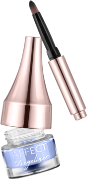 Otwarty niebieski żelowy eyeliner Affect w szklanym słoiczku, obok różowozłota nakrętka z pędzelkiem.