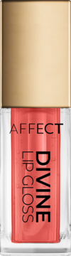 Affect Divine Lip Gloss w przezroczystej butelce z koralowym odcieniem Darling i złotą nakrętką, widok z przodu.