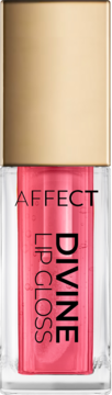 Różowy błyszczyk Affect Divine Lip Gloss w przezroczystej butelce z złotą nakrętką, widok z przodu.