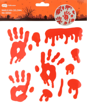 Halloweenowe naklejki żelowe na okno: krwawe odciski dłoni i zacieki w intensywnym czerwonym kolorze, widok z przodu.