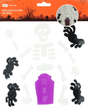 Halloweenowa naklejka żelowa na okno: części białego szkieletu, fioletowy nagrobek R.I.P. na pomarańczowym tle opakowania.