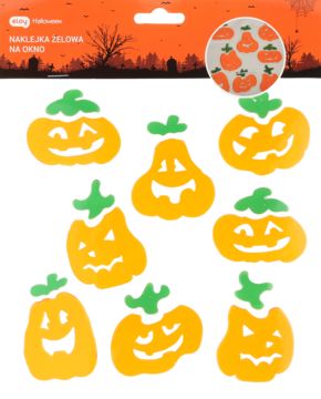 Halloweenowe naklejki żelowe na okno, 8 pomarańczowych dyń z wyciętymi buźkami i zielonymi łodygami.