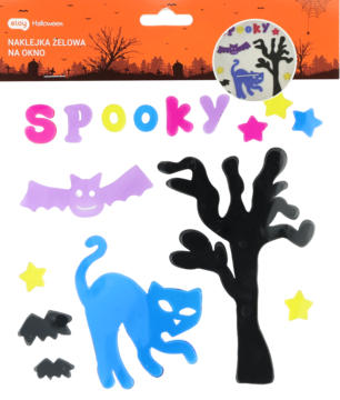 Zestaw żelowych naklejek Halloween na okno, ułożonych: różowe Spooky, fioletowy nietoperz, niebieski kot, czarne drzewo.