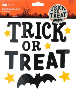 Halloweenowe naklejki żelowe na okno „TRICK OR TREAT”, czarne litery, żółte gwiazdki i nietoperz na opakowaniu.