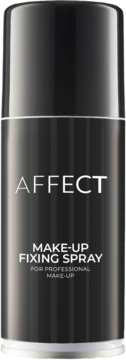 Czarny, błyszczący spray utrwalający Affect z białym napisem: Make-Up Fixing Spray, widok frontalny.