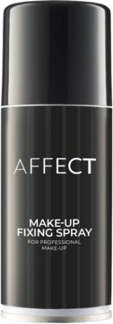 Czarny, błyszczący spray utrwalający Affect z białym napisem: Make-Up Fixing Spray, widok frontalny.