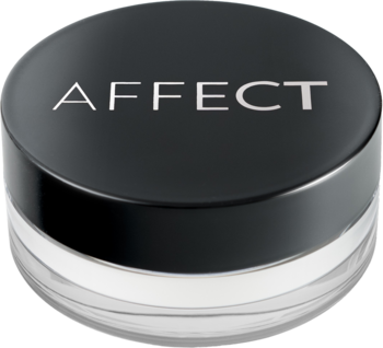 Affect Ideal Blur puder sypki matujący w okrągłym, przezroczystym słoiku z czarną pokrywką i białym logo.