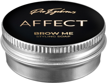Okrągłe mydełko do brwi Affect Brow Me Styling Soap w srebrnej puszce z czarnym wieczkiem i złotym napisem.