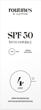 Routines SPF 50 krem matujący w białym opakowaniu. Z przodu czarny napis, ikony UVA/UVB/BROAD SPECTRUM i cyfra 4.