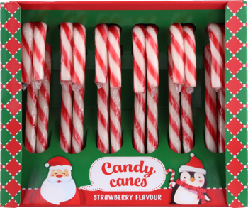 Zestaw truskawkowych cukierków Candy Canes w czerwono-białe paski, w świątecznym pudełku z Mikołajem i pingwinem, widok z przodu.