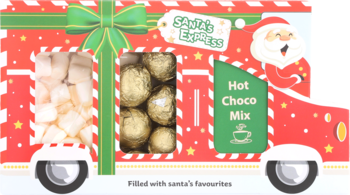 Czerwone pudełko Santa's Hot Chocolate Truck 125g, z okienkami pokazującymi pianki i czekoladki, widok z boku.