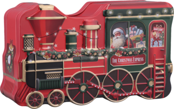 Czerwono-zielona puszka-lokomotywa 'Christmas Express' z Mikołajem, świątecznymi ozdobami, widok z boku, pełna pralin.