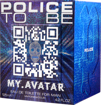 Męska woda toaletowa Police To Be My Avatar, ciemnoniebieskie pudełko z dużym kodem QR i metaliczną czaszką.