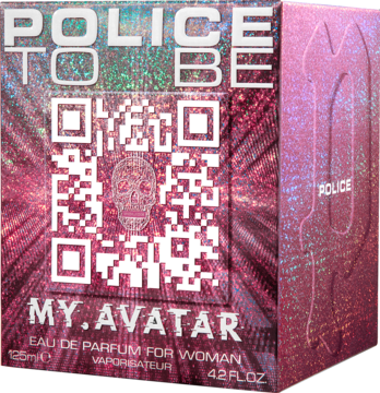Police To Be My Avatar EDP, różowo-fioletowe pudełko z holograficznym wzorem, kodem QR z czaszką, 125ml, widok z przodu i boku.