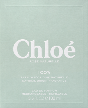 Miętowozielone pudełko perfum Chloé Rose Naturelle 100ml Eau de Parfum, z białymi napisami, widok z przodu.