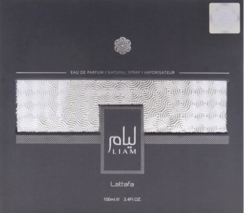 Czarne opakowanie wody perfumowanej unisex Liam Lattafa 100ml, z metalicznym wzorem i srebrnym logo, widok z przodu.