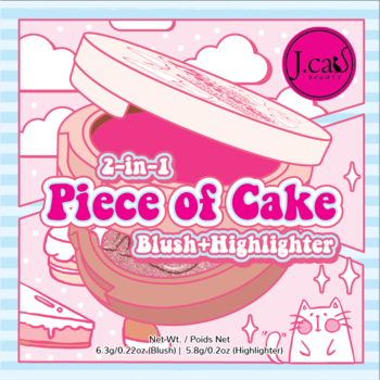 J. Cat Beauty 2-w-1 Piece of Cake Blush+Highlighter, różowe pudełko z rysunkiem kompaktu i ciastka, przód.