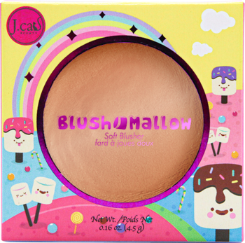 J.Cat Beauty Blush Mallow róż Angel Kisses, kremowo-pudrowy, okrągły, w barwnym pudełku ze słodyczami.