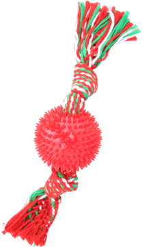 Pionowy widok sznurowej zabawki dla psa z czerwoną kolczastą piłką i plecionymi sznurkami w kolorach czerwonym, zielonym i białym.