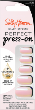 Sally Hansen Perfect Press-On Nails "Swoop There It Is", pink packaging, glossy pink nails, white arcs, dark tips. With Vit E+B5.