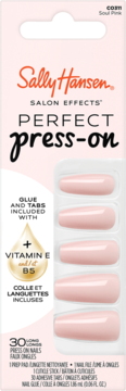 Opakowanie Sally Hansen Salon Effects Perfect press-on, 30 długich różowych paznokci z klejem i witaminami E+B5.