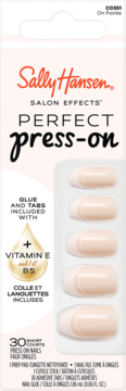 Sally Hansen Salon Effects Perfect Press-On nails, light pink, glossy. Front view of box with 30 nails, glue, Vitamin E+B5.