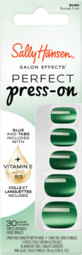 Sally Hansen Salon Effects Press-On Nails w odcieniu Rocket Fuel, zielone z białymi paskami, widok z przodu opakowania.