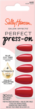 Sally Hansen Perfect Press-On nails, ASAP Apple red, 30 pieces, with glue, vitamin E & B5, front view.