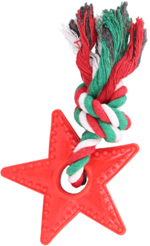 Czerwony gryzak dla psa w kształcie gwiazdki z wypustkami i kolorowa, pleciona lina (czerwona, zielona, biała).