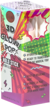 Holograficzny rozświetlacz J.Cat 3D Glow Pop Holo Stick w kolorowym opakowaniu z pop-artem i okienkiem, widok z przodu.