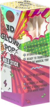 Holograficzny rozświetlacz J.Cat 3D Glow Pop Holo Stick w iryzującym opakowaniu z komiksowym motywem i okienkiem.