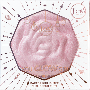 J.Cat Beauty You Glow Girl Bella Rose rozświetlacz, różowy puder w kształcie róży, w białym, hexagonalnym opakowaniu.