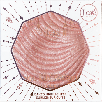 J.Cat Beauty You Glow Girl Baked Highlighter Pink Goddess w hexagonalnym opakowaniu z różowo-złotym, falistym wzorem.