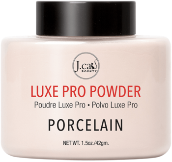 Sypki puder J.Cat Luxe Pro Powder Porcelain w beżowym słoiczku z czarną nakrętką, widok z przodu.