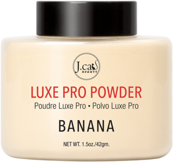Sypki puder matujący J.Cat Beauty Luxe Pro Powder Banana, beżowy pojemnik z czarną nakrętką, widok z przodu.