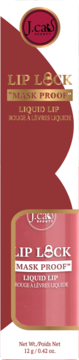 J.Cat Beauty Lip Lock Mask Proof Liquid Lip box; reddish-brown and pink design with gold text, 3g/0.12 oz.