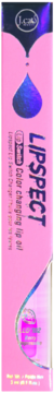 Pionowe, różowo-fioletowe opakowanie olejku do ust J.Cat Beauty Lipspect pH Color Changing Lip Oil z logo i kroplą.